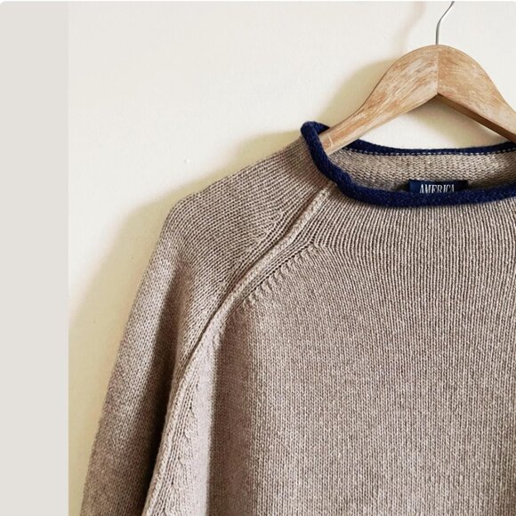 Vintage Rollneck Lambswool Blend Mens Sweater in Oat Navy XL - Picture 3 of 4